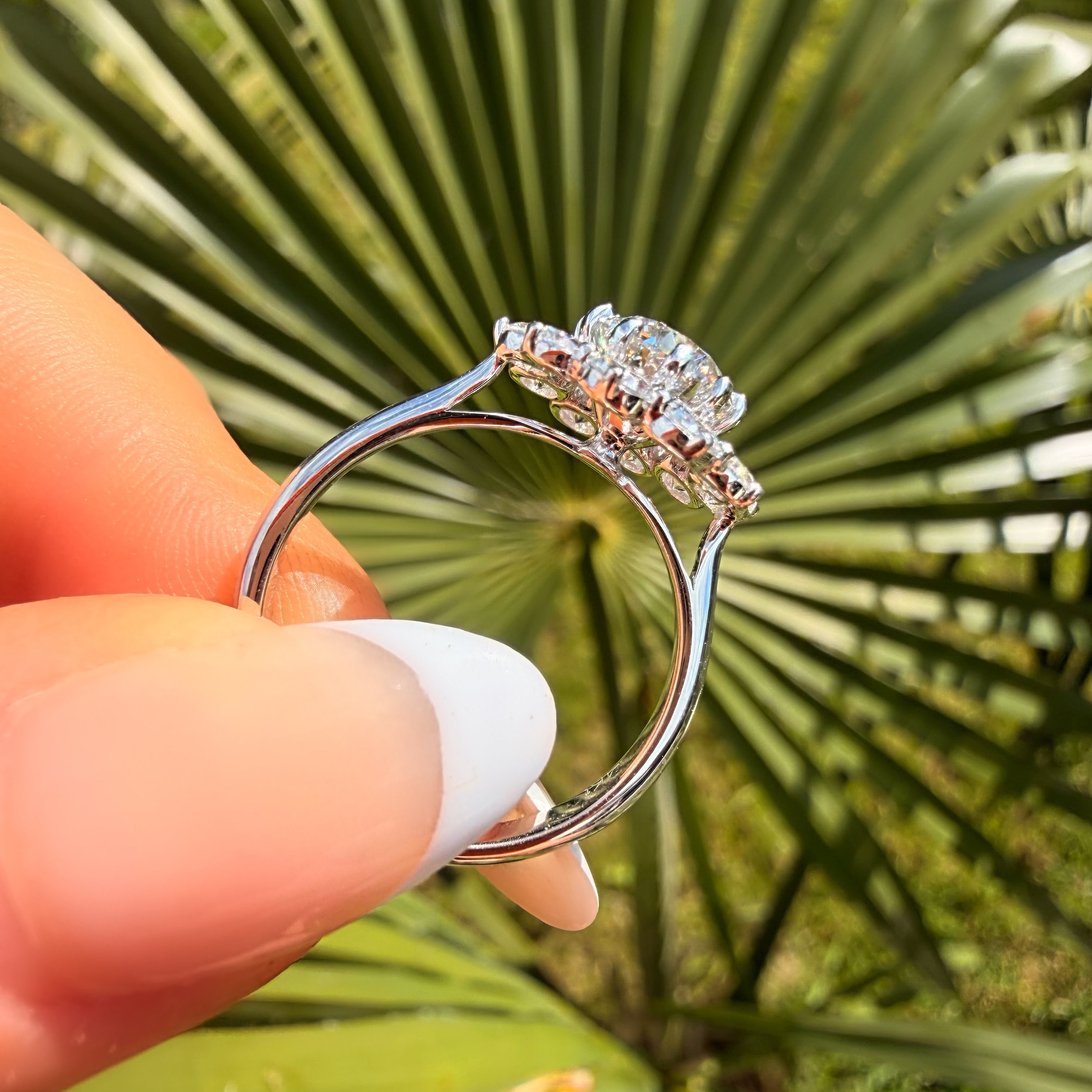 Silver ring with a diamond held by a hand against a green leafy background
