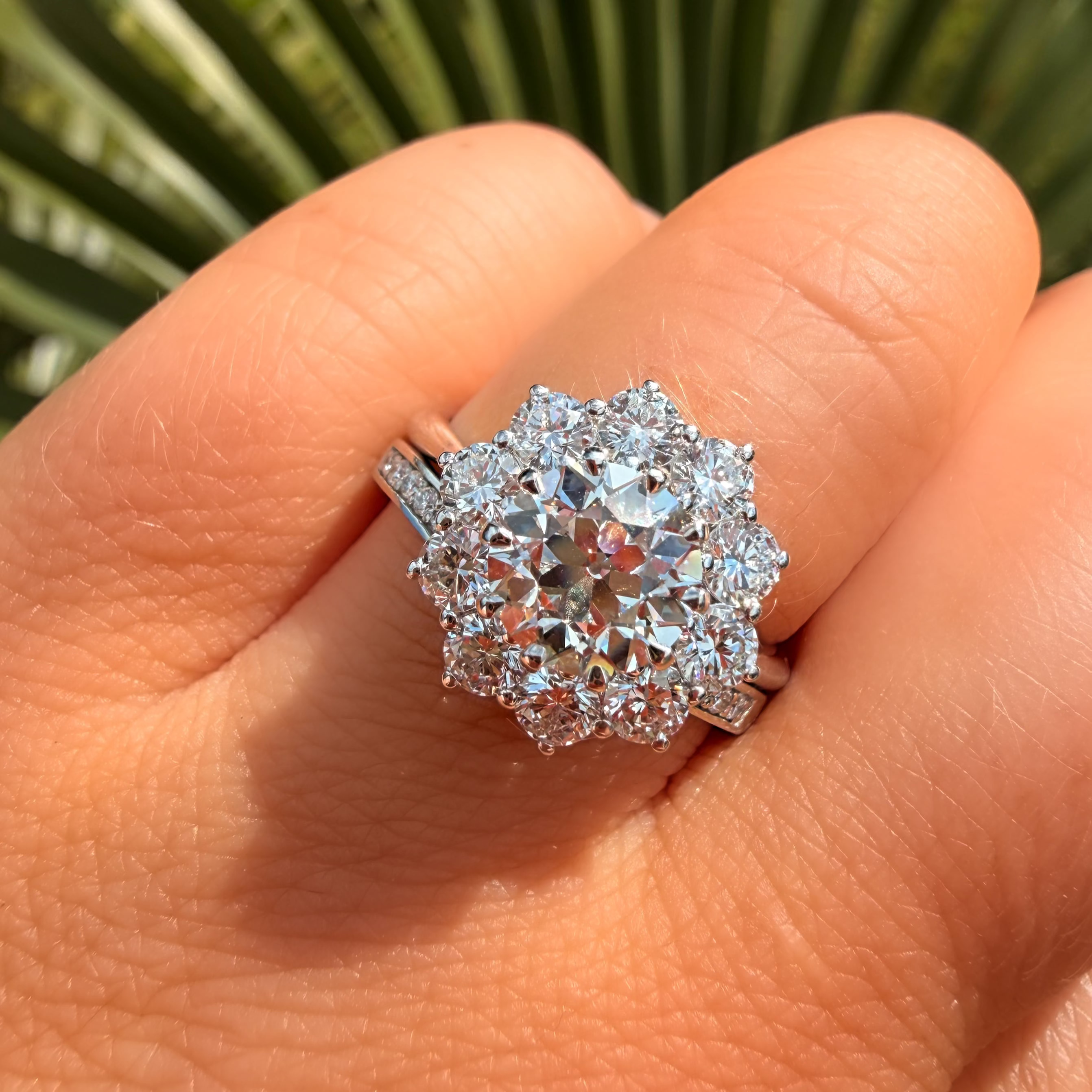 Silver ring with a large diamond on a person's finger against a green plant background