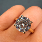 Diamond ring held between fingers against a neutral background