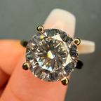 Gold ring with a large diamond held by a hand against a dark background