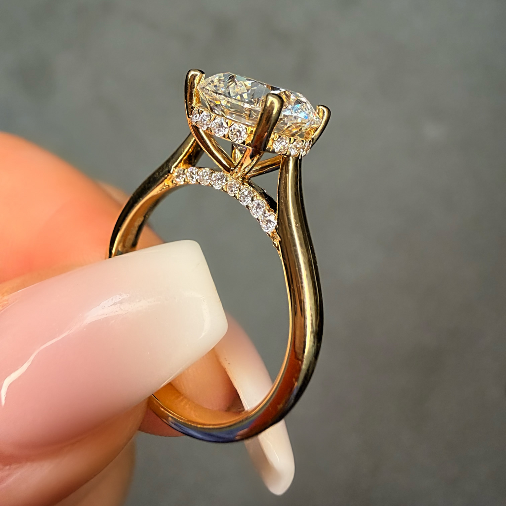 Gold ring with a large diamond held between fingers against a neutral background