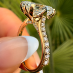 Gold ring with a diamond held by a hand against a green leafy background