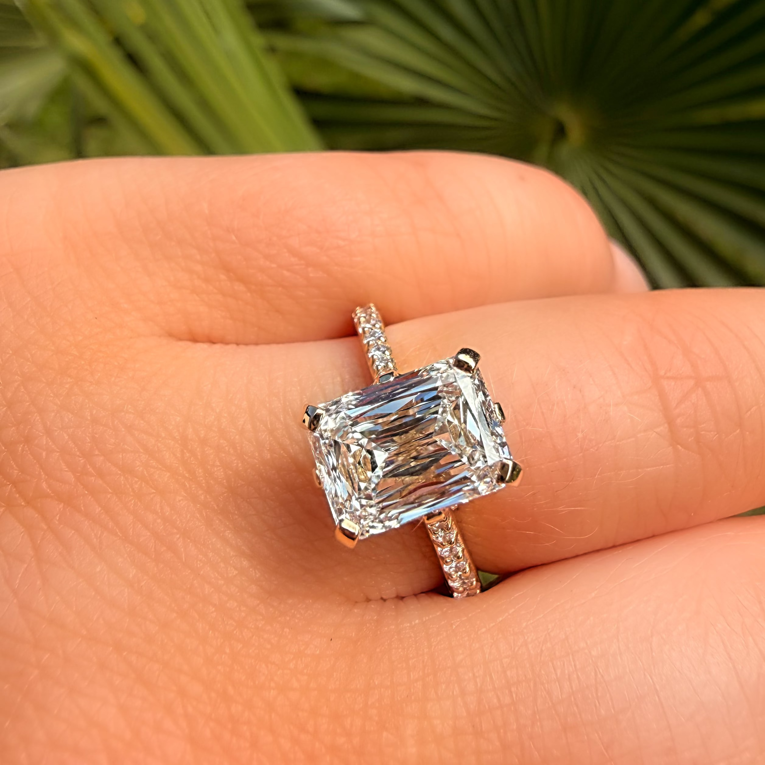 Diamond ring on a finger with a green leafy background