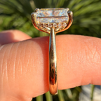 A gold ring with a large rectangular clear gemstone held on a person's finger, with a blurred green plant background.