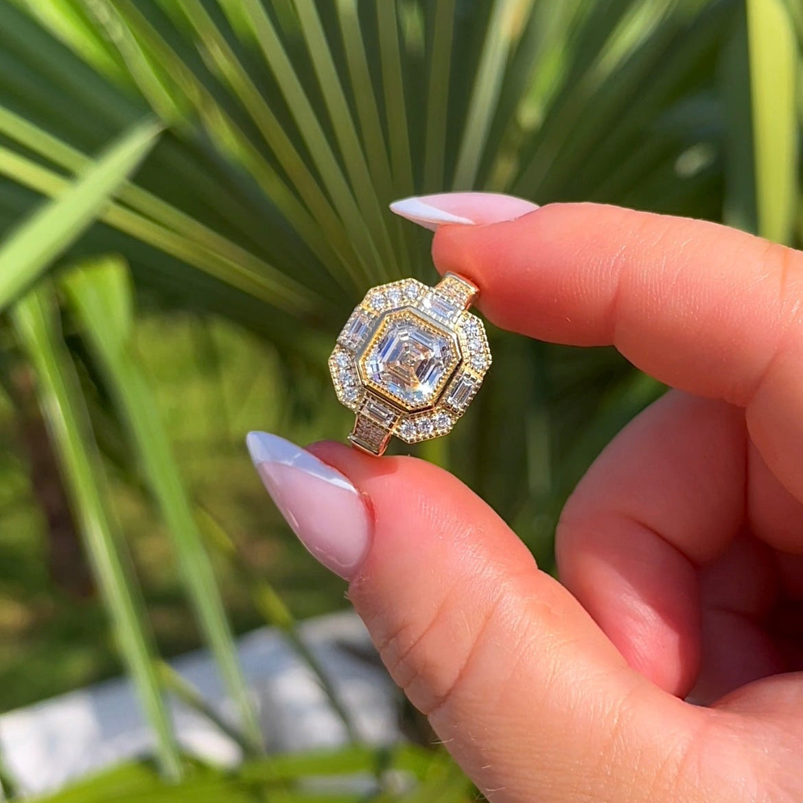 Hand holding a diamond ring with a green leafy background
