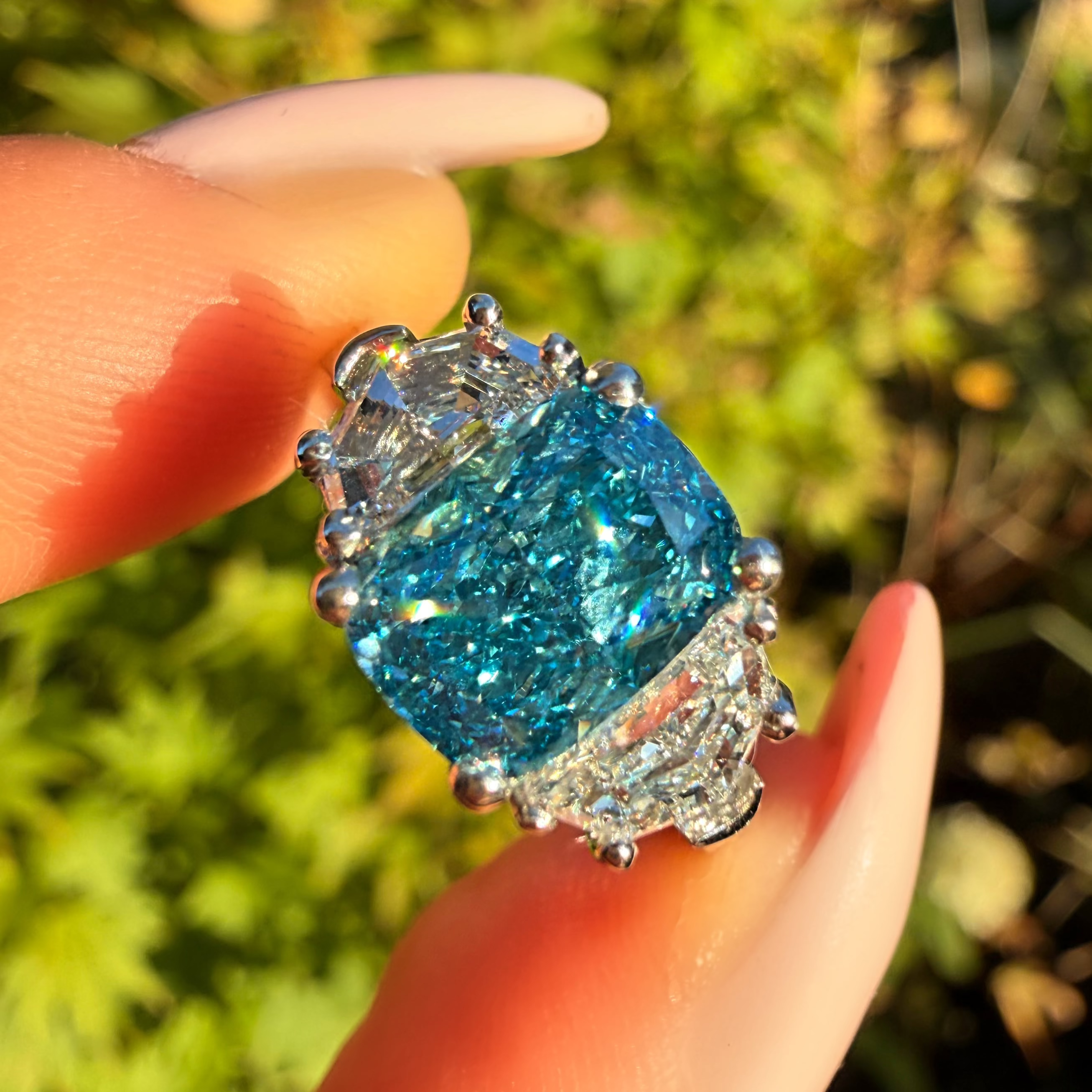 "Katara Blue Trilogy" Platinum 3.2Ct Fancy Blue Cushion Lab Diamond Trilogy Ring