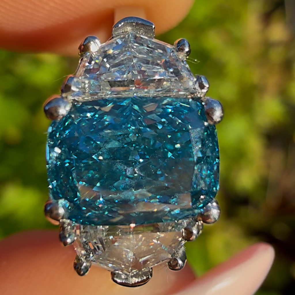 "Katara Blue Trilogy" Platinum 3.2Ct Fancy Blue Cushion Lab Diamond Trilogy Ring