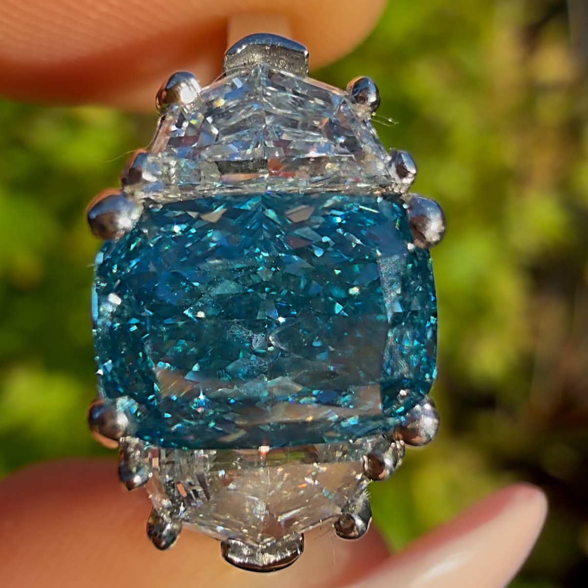 "Katara Blue Trilogy" Platinum 3.2Ct Fancy Blue Cushion Lab Diamond Trilogy Ring