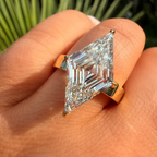 A close-up of a hand wearing a large emerald-cut diamond ring with a gold band, set against a blurred background of green palm leaves.