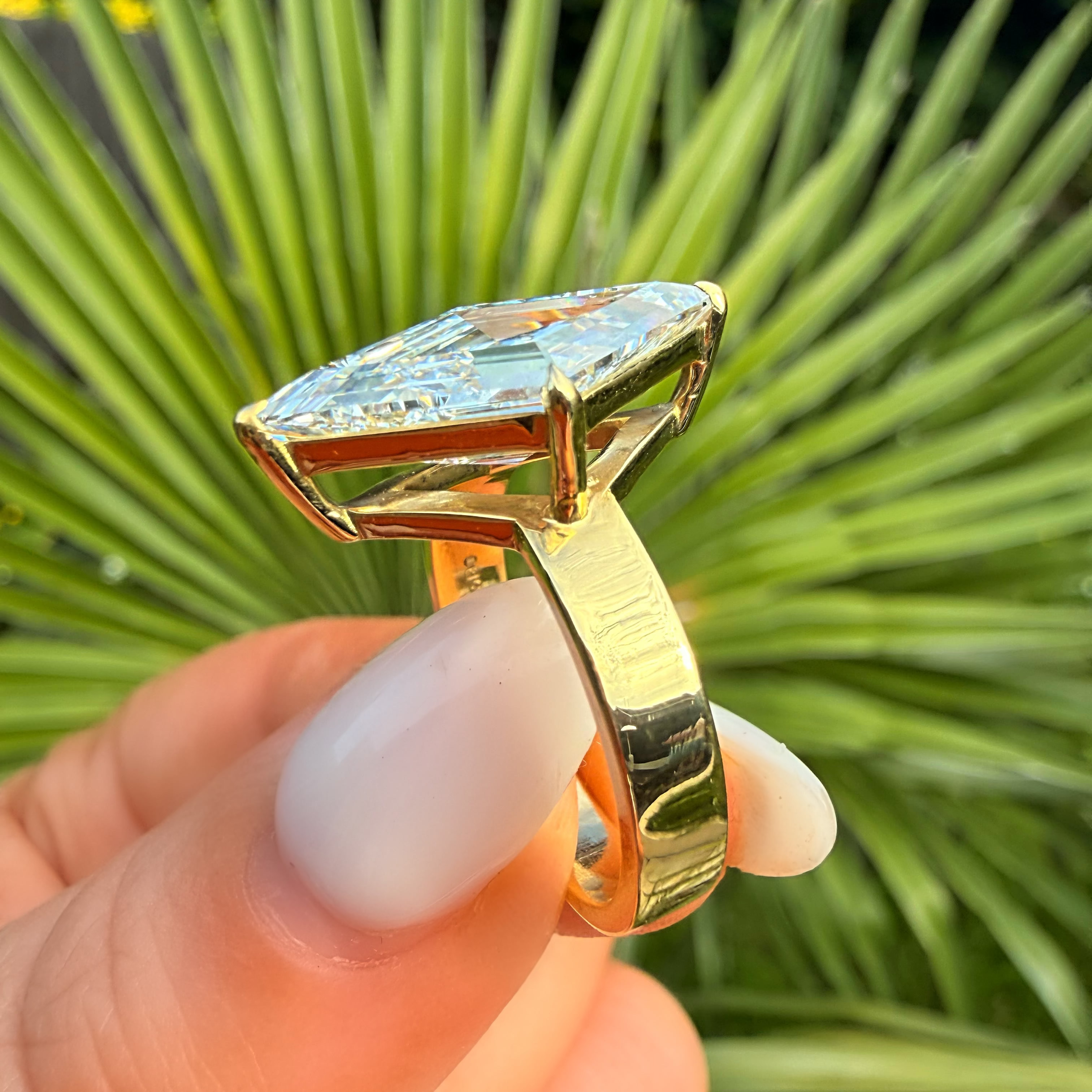 A gold ring with a large marquise-cut light blue gemstone held by a hand, set against a background of green palm leaves.