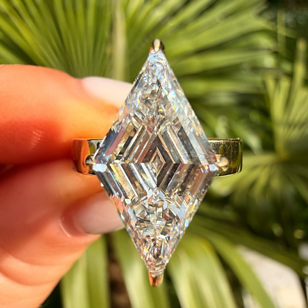 A close-up of a hand holding a diamond ring with a large, brilliant-cut center stone in a gold setting, with green palm leaves blurred in the background.