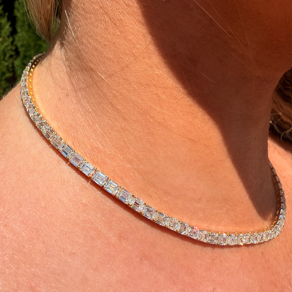 A close-up of a woman's neck and collarbone wearing a diamond tennis necklace with a gold setting, alongside a matching drop earring.