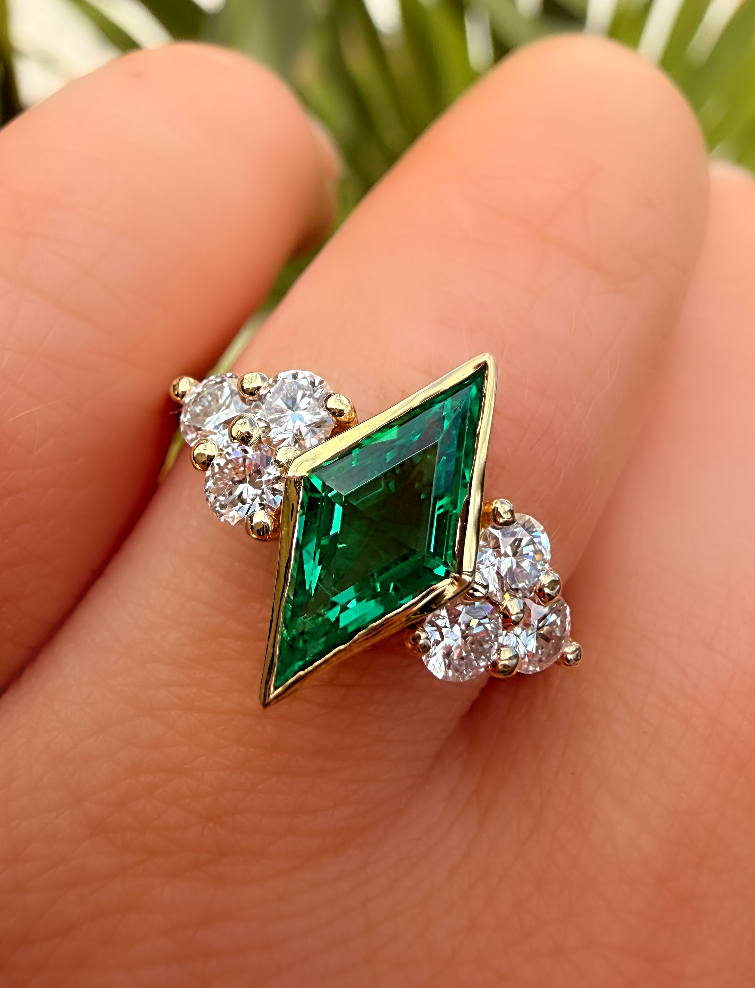 18K Yellow Gold 1.8Ct Lab Grown Lozenge Emerald Illusion Ring