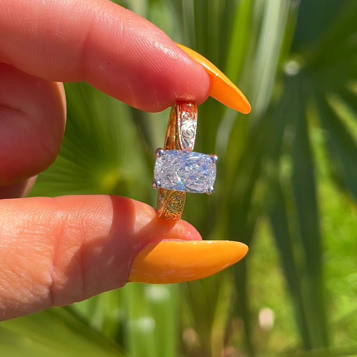 Hand holding a diamond ring with a green leafy background