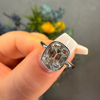 Diamond ring held by a hand with a blurred floral background