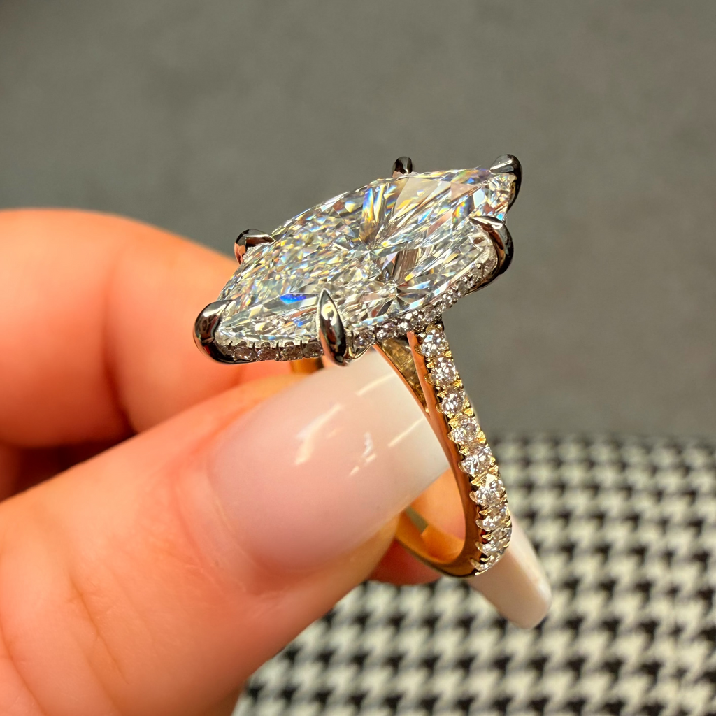 18K 5.58Ct Marquise Lab Diamond Hidden Halo Engagement Ring