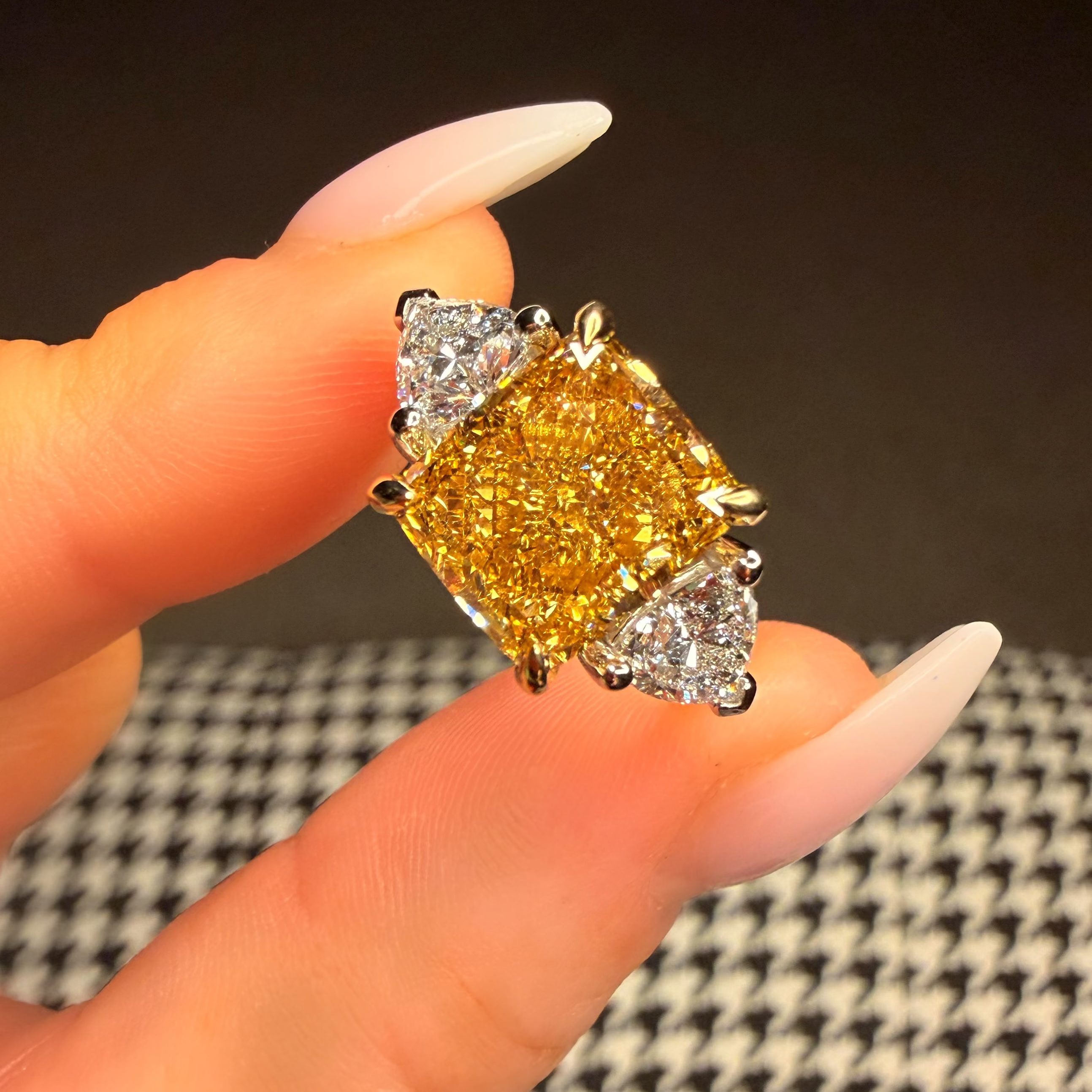 18K Sunset 6.38Ct Fancy Orange Lab Diamond Trilogy Hidden Halo Ring