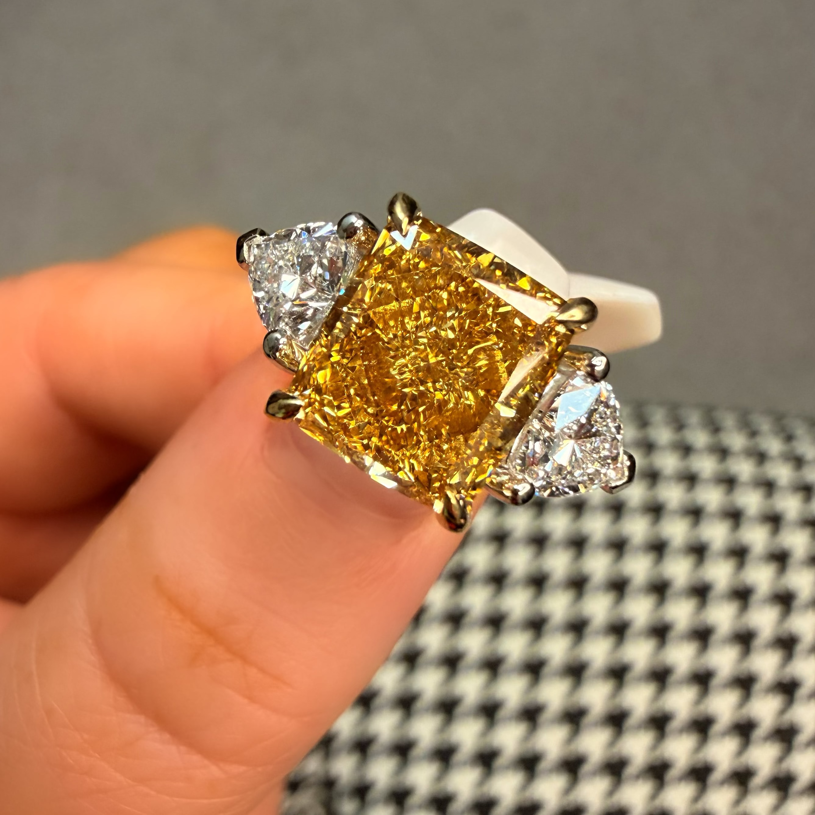18K Sunset 6.38Ct Fancy Orange Lab Diamond Trilogy Hidden Halo Ring