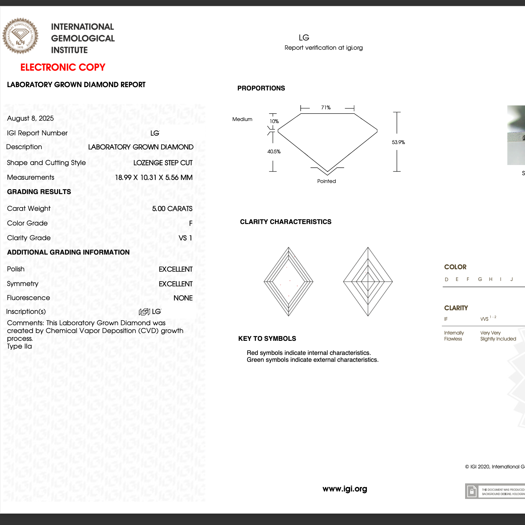 Diamond grading report with IGI logo on a white background