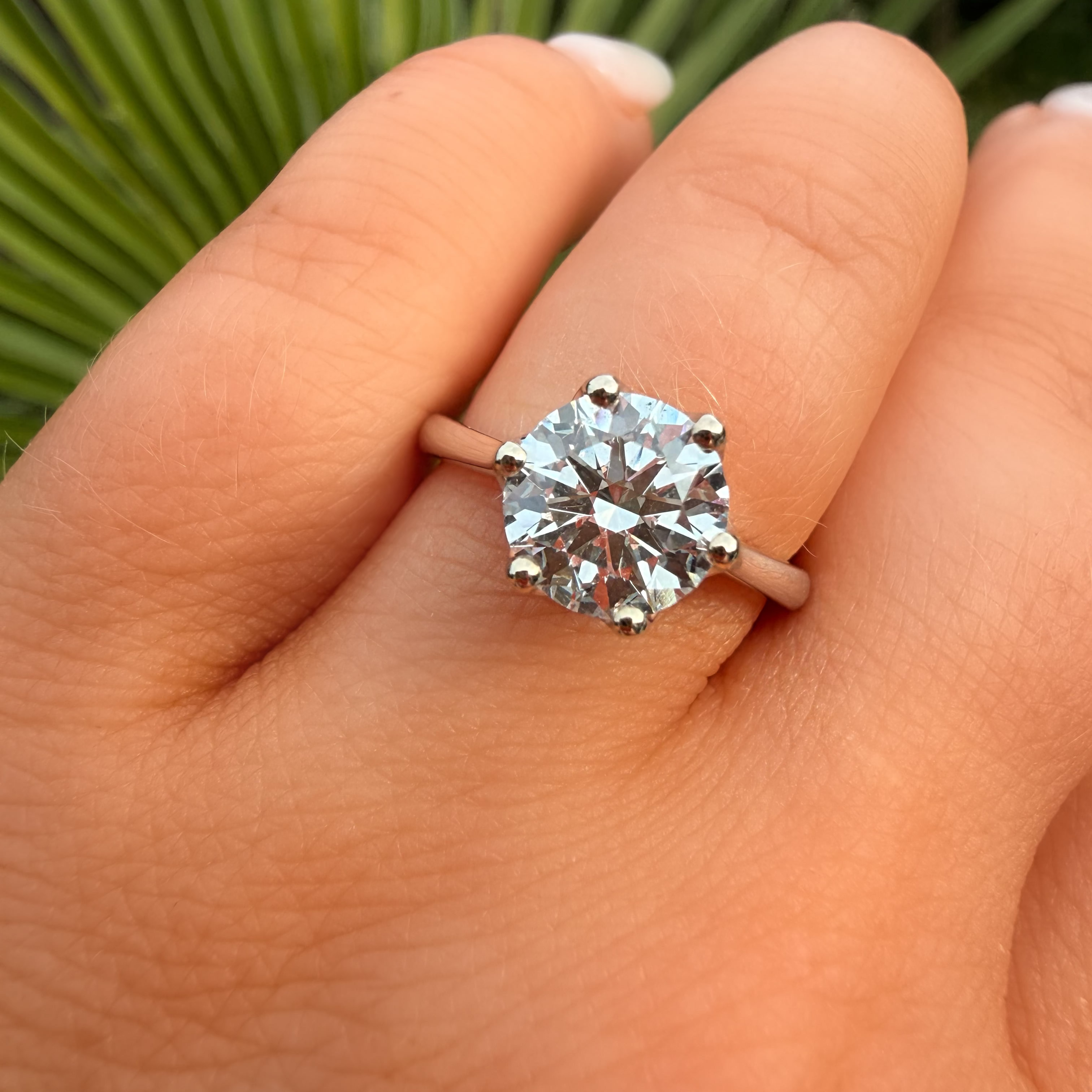 Diamond ring on a finger with a blurred green leaf background
