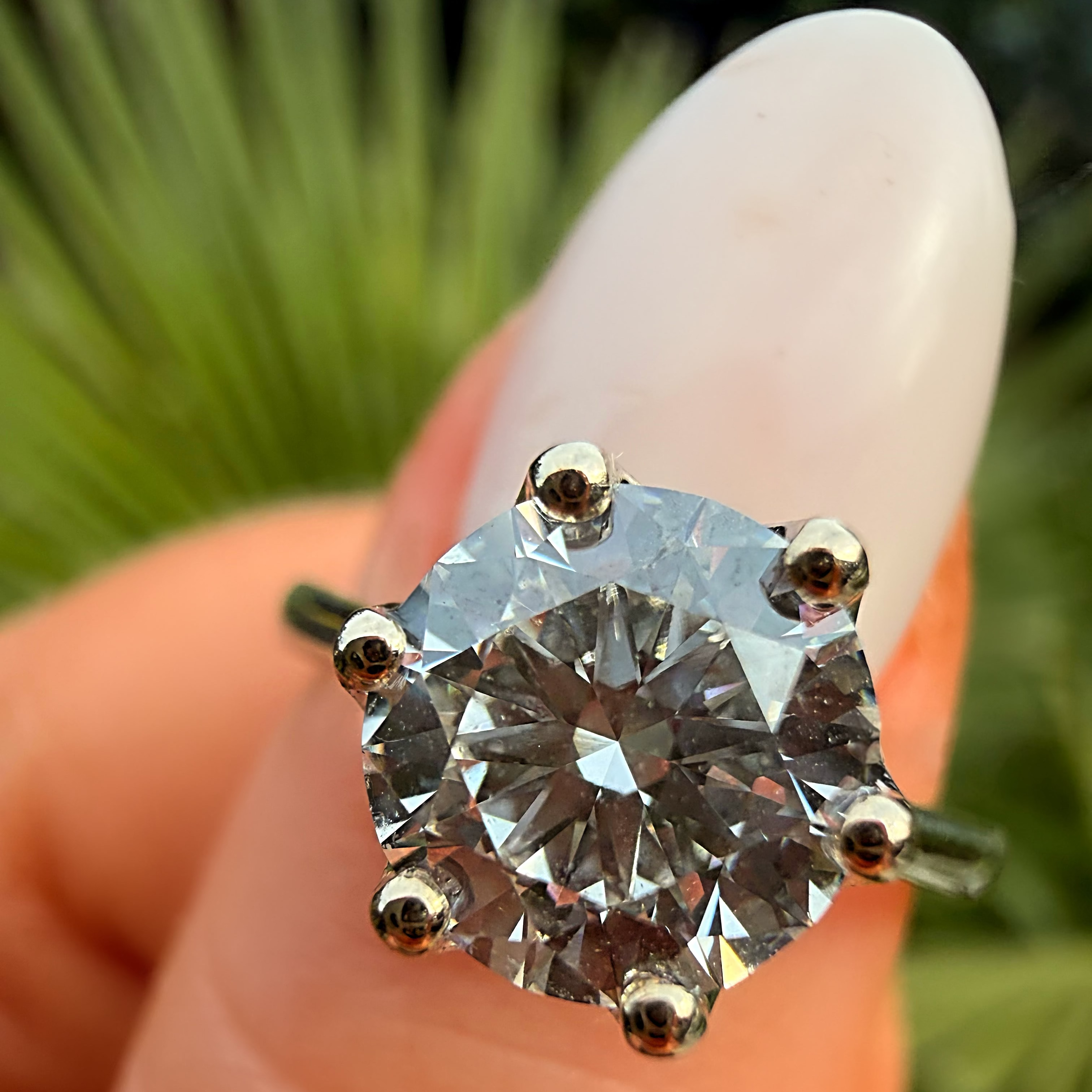 Diamond ring held on a finger with a blurred green background