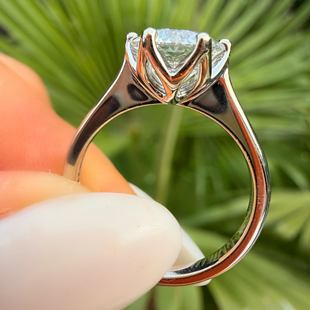Silver ring with a large diamond held between fingers against a green leafy background