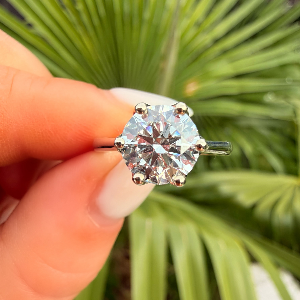 Diamond ring held by a hand with a green leafy background