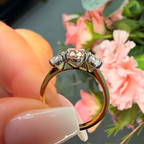 Gold ring with diamonds held by a hand against a floral background