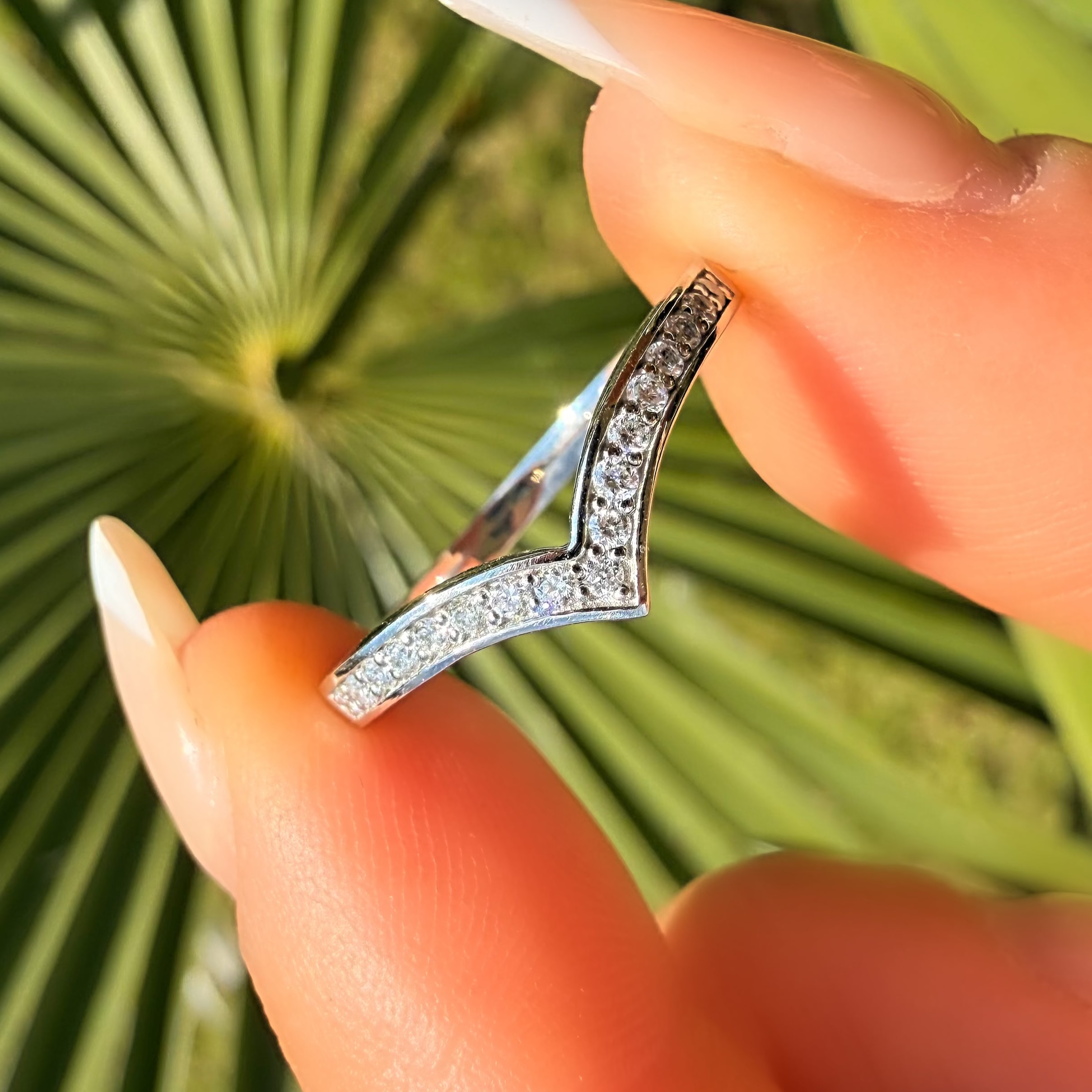 Silver ring with diamonds held between fingers against a green leafy background