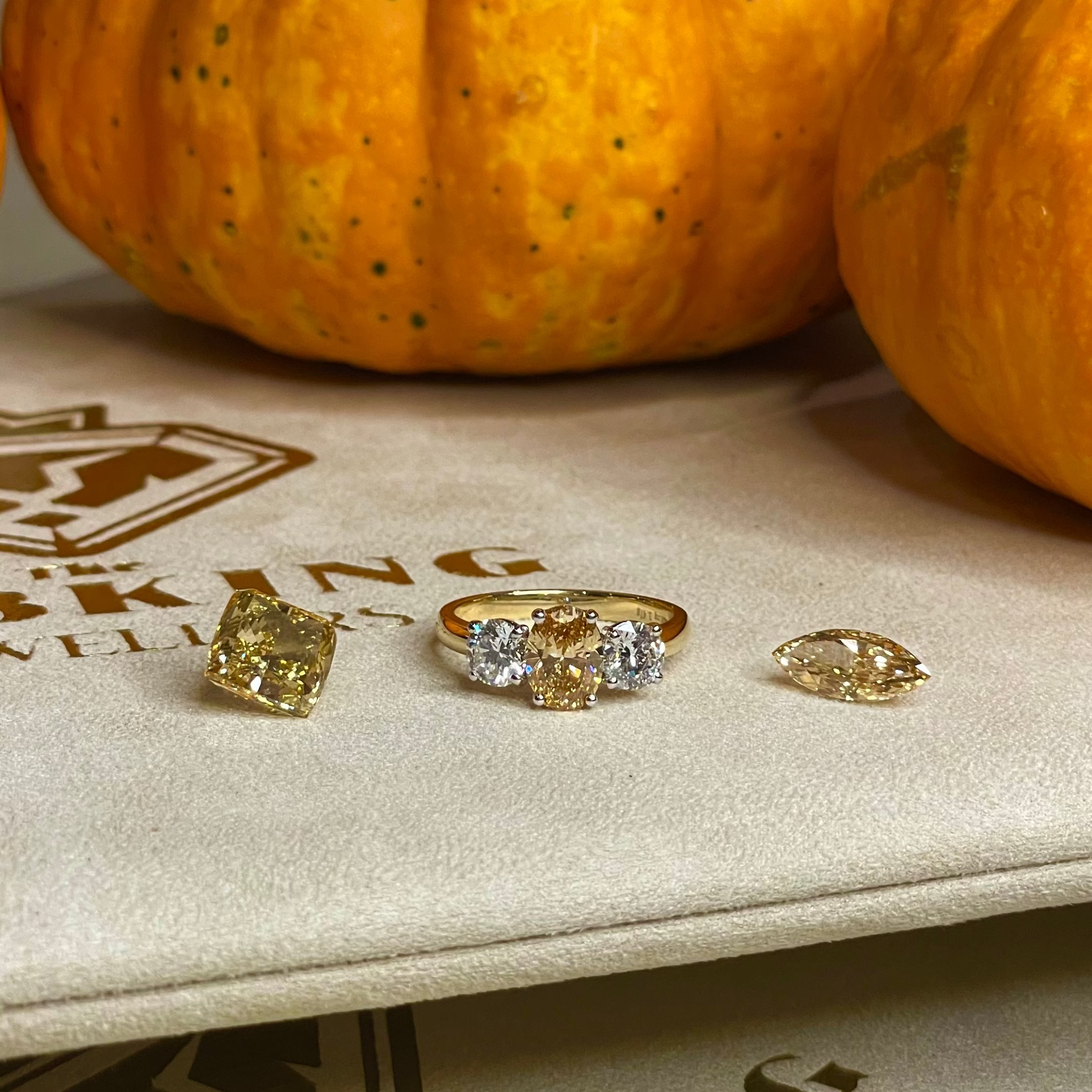 Three diamond rings on a box with 'The King Jewelers' branding, surrounded by pumpkins.