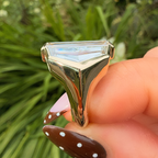 A close-up of a hand with brown and white polka-dot nail polish holding a large, polished silver-toned ring with a rectangular clear gemstone, set against a blurred green garden background.