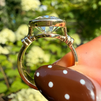 A gold ring with a large clear gemstone held by fingers with a brown and white polka dot nail design, set against a blurred green garden background.