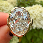 A close-up of a gold ring with a large oval-cut clear gemstone held by a hand, with a blurred background of green foliage and white flowers.