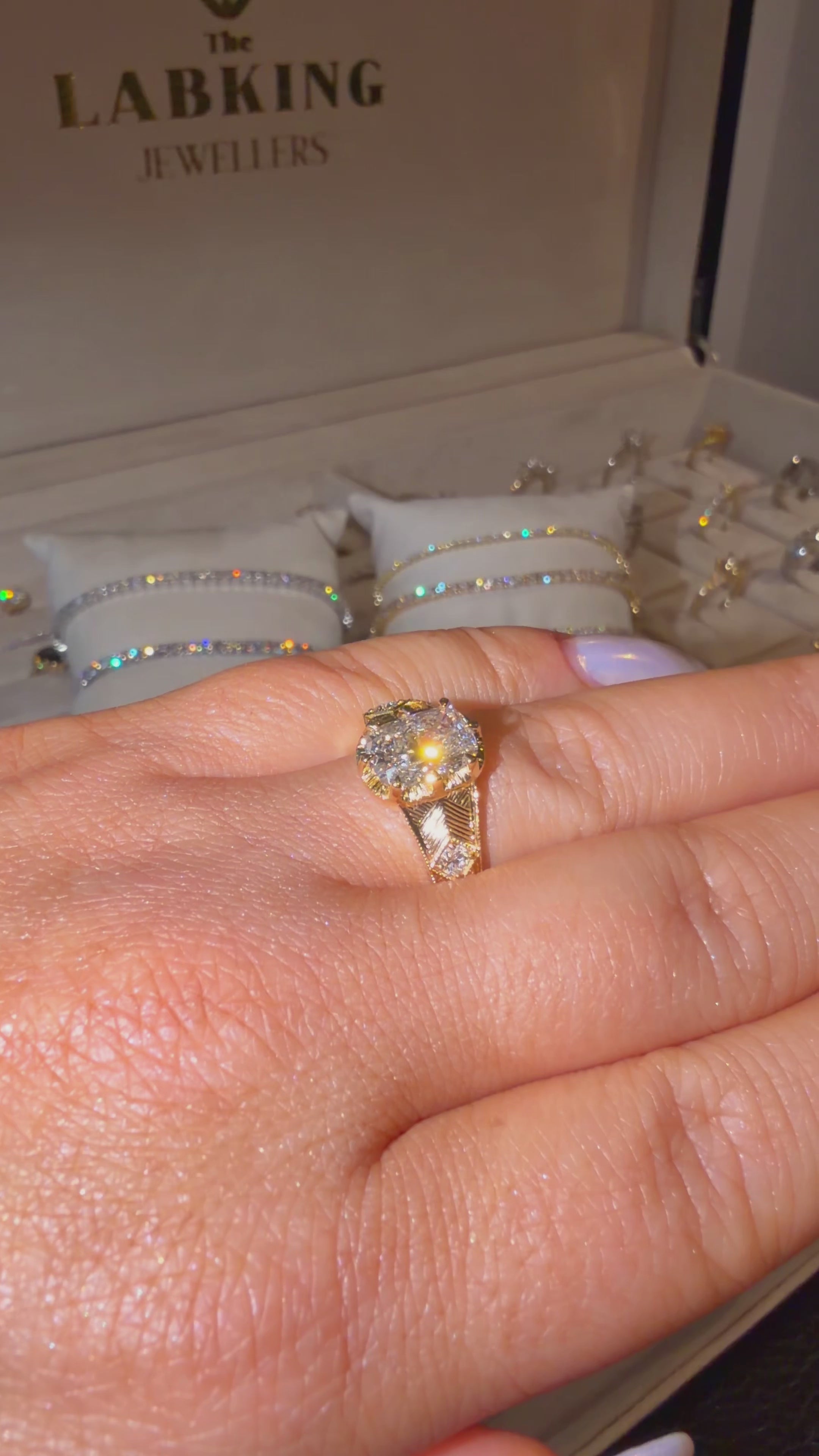 18K Chunky Hand-Engraved Elongated Cushion Lab Diamond Ring