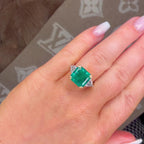18k 6.7Ct Lab Green Emerald Asscher Trilogy Ring