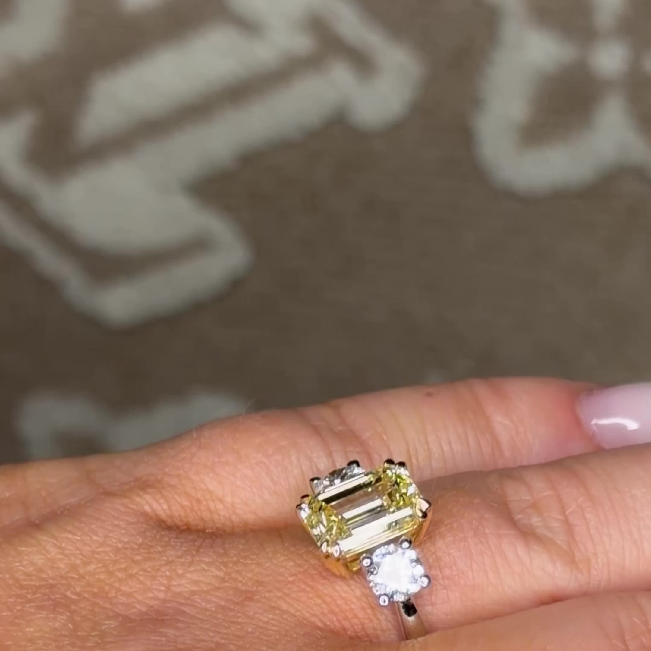 18K Gold 4.2Ct Canary Fancy Yellow Emerald Lab Diamond Trilogy Ring