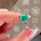 18k 6.7Ct Lab Green Emerald Asscher Trilogy Ring