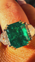 9K Yellow Gold 3.78Ct Lab Grown Emerald & Cadillac Diamond Custom Trilogy Ring