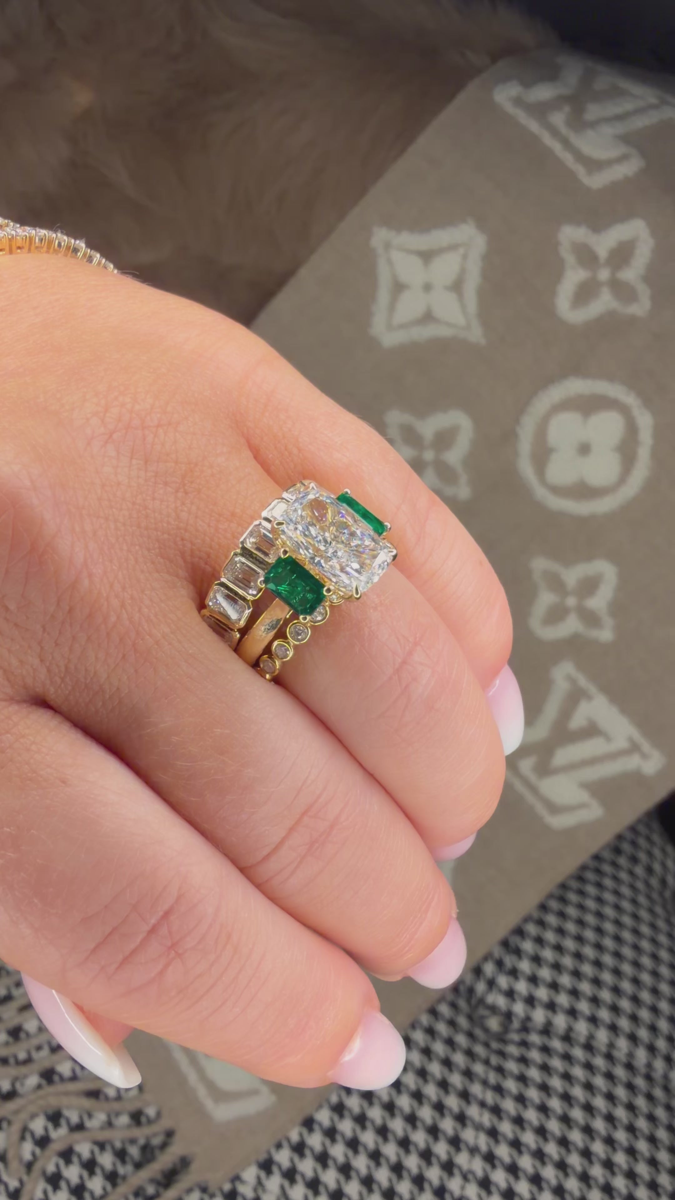 The Goblin Ring 18K Yellow gold 3.3Ct Elongated Cushion & Natural Green Emerald Trilogy Ring