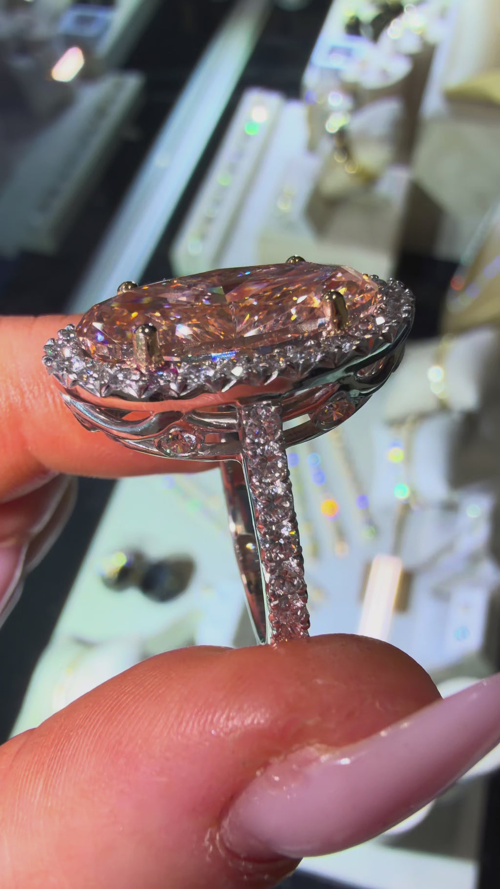 "The Pink Ariel" 18K White gold 12.8g Large 11.12Ct Lab Grown Pink Oval Diamond Bespoke Halo Ring