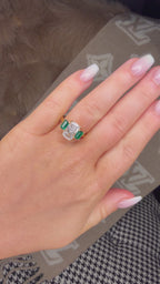 The Goblin Ring 18K Yellow gold 3.3Ct Elongated Cushion & Natural Green Emerald Trilogy Ring