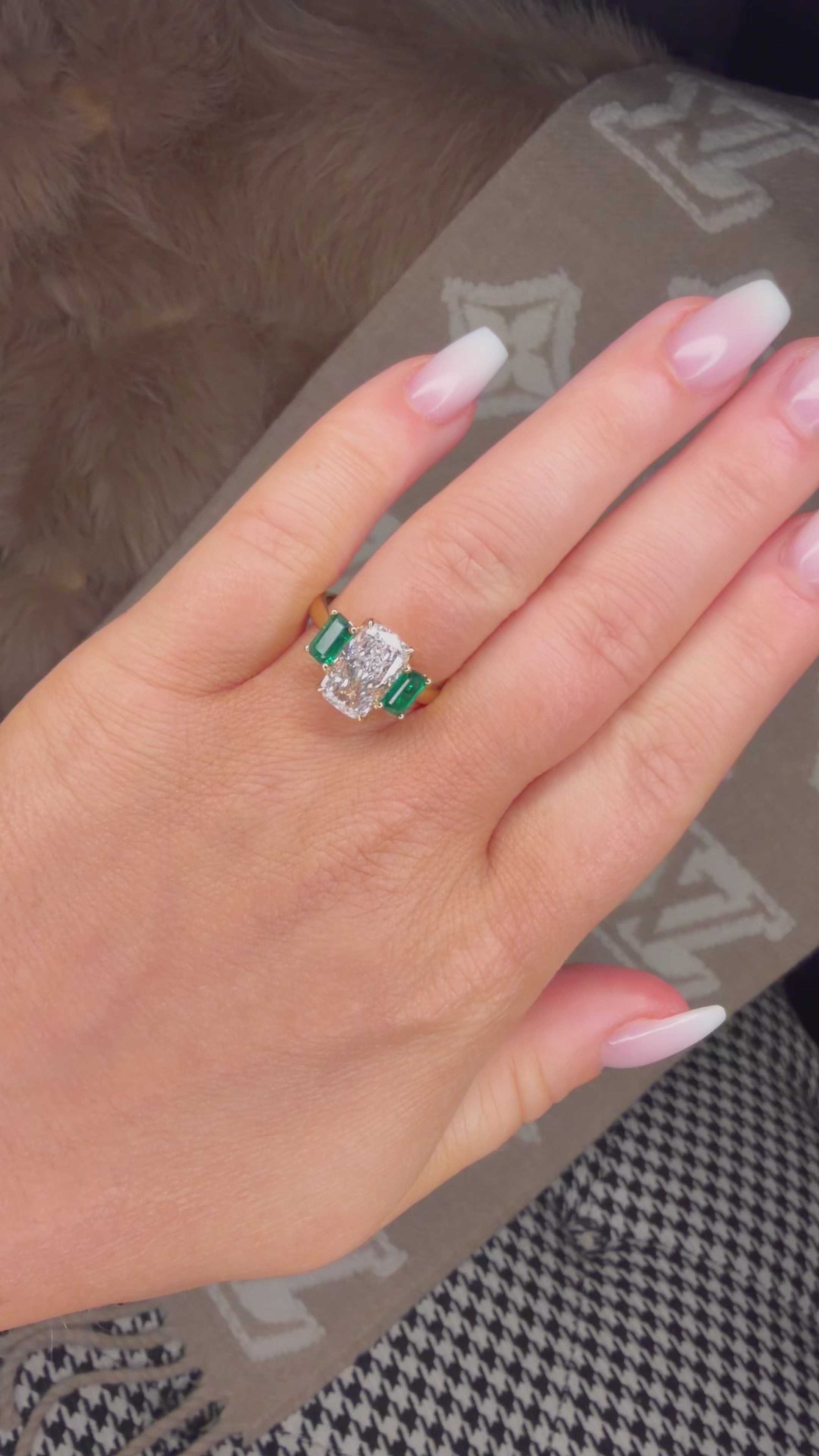 The Goblin Ring 18K Yellow gold 3.3Ct Elongated Cushion & Natural Green Emerald Trilogy Ring