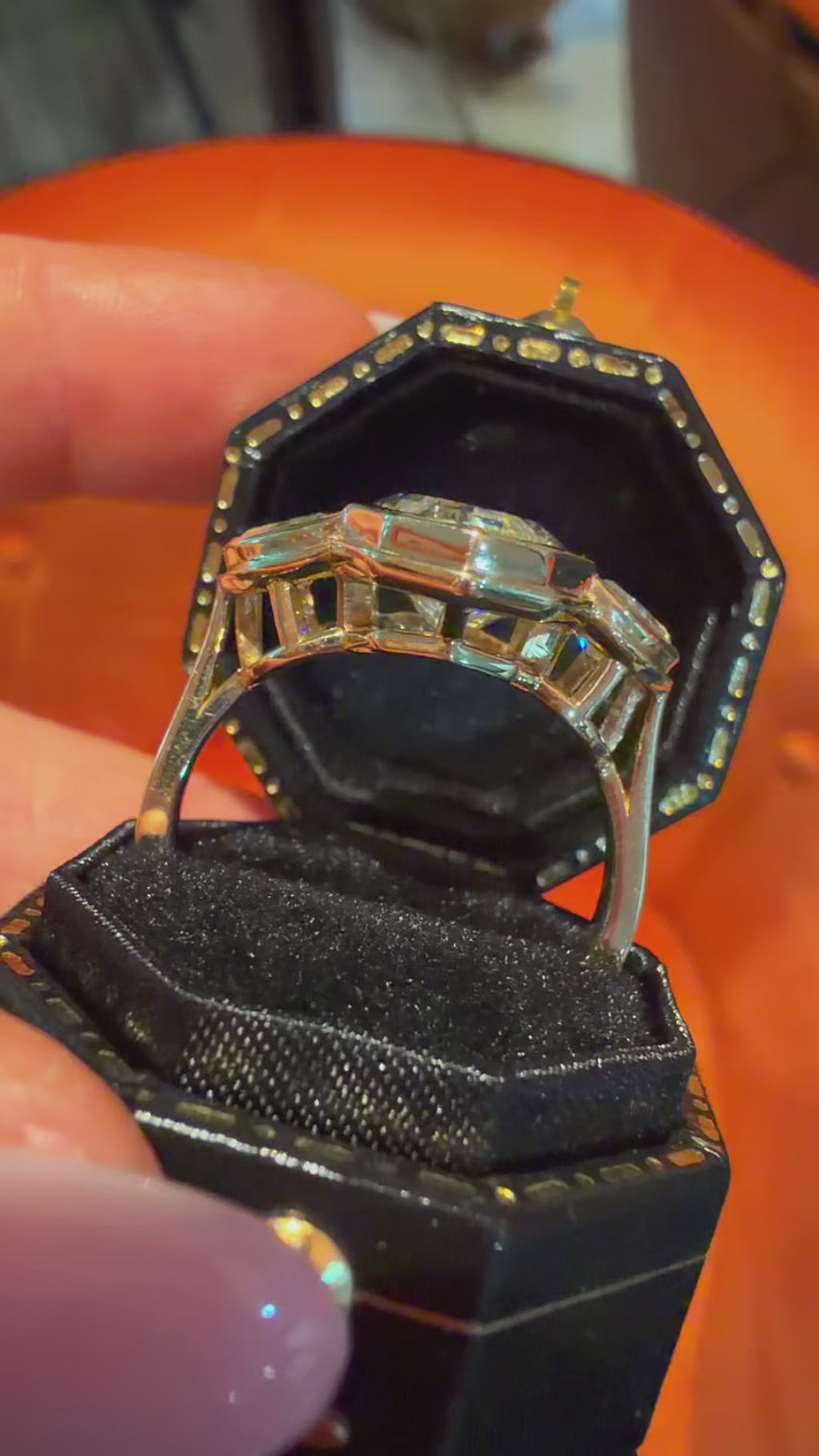 "Vertice Antique Trilogy" 14K Yellow Gold 6.23Ct Polygon Step Cut Oval Diamond Trilogy Ring