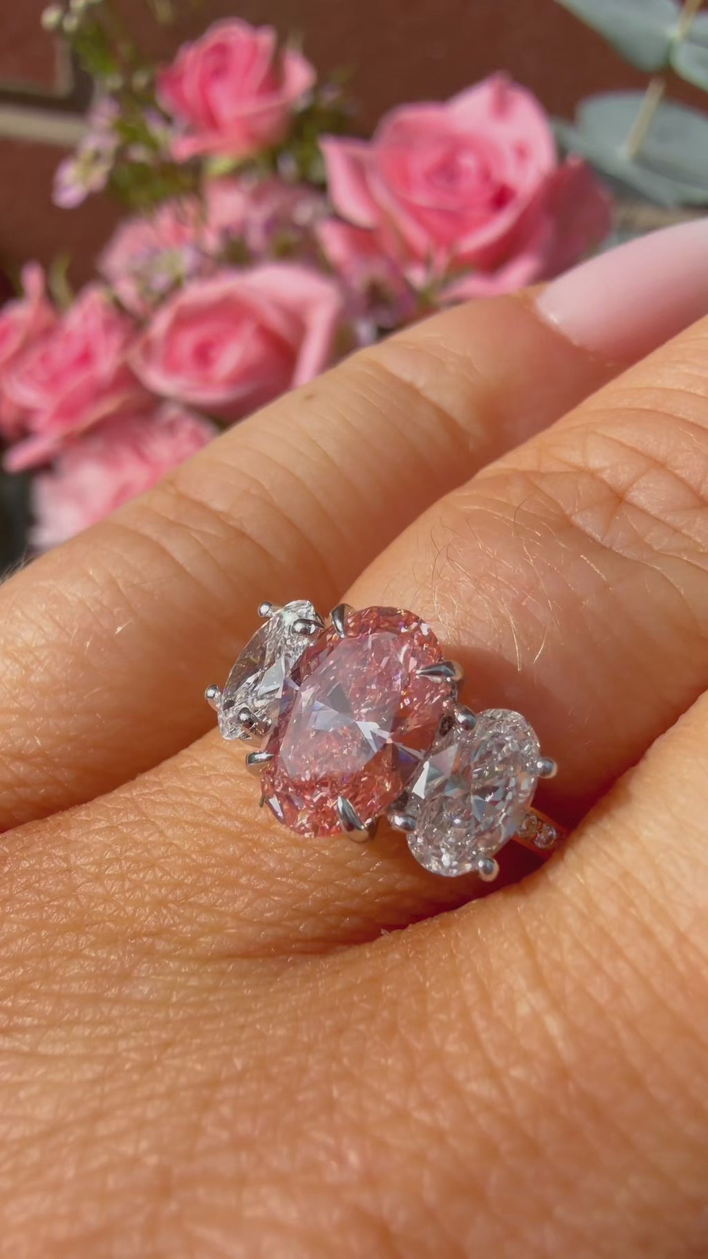 18K 2.5Ct Fancy Pink Oval Lab Grown Diamond Trilogy Ring