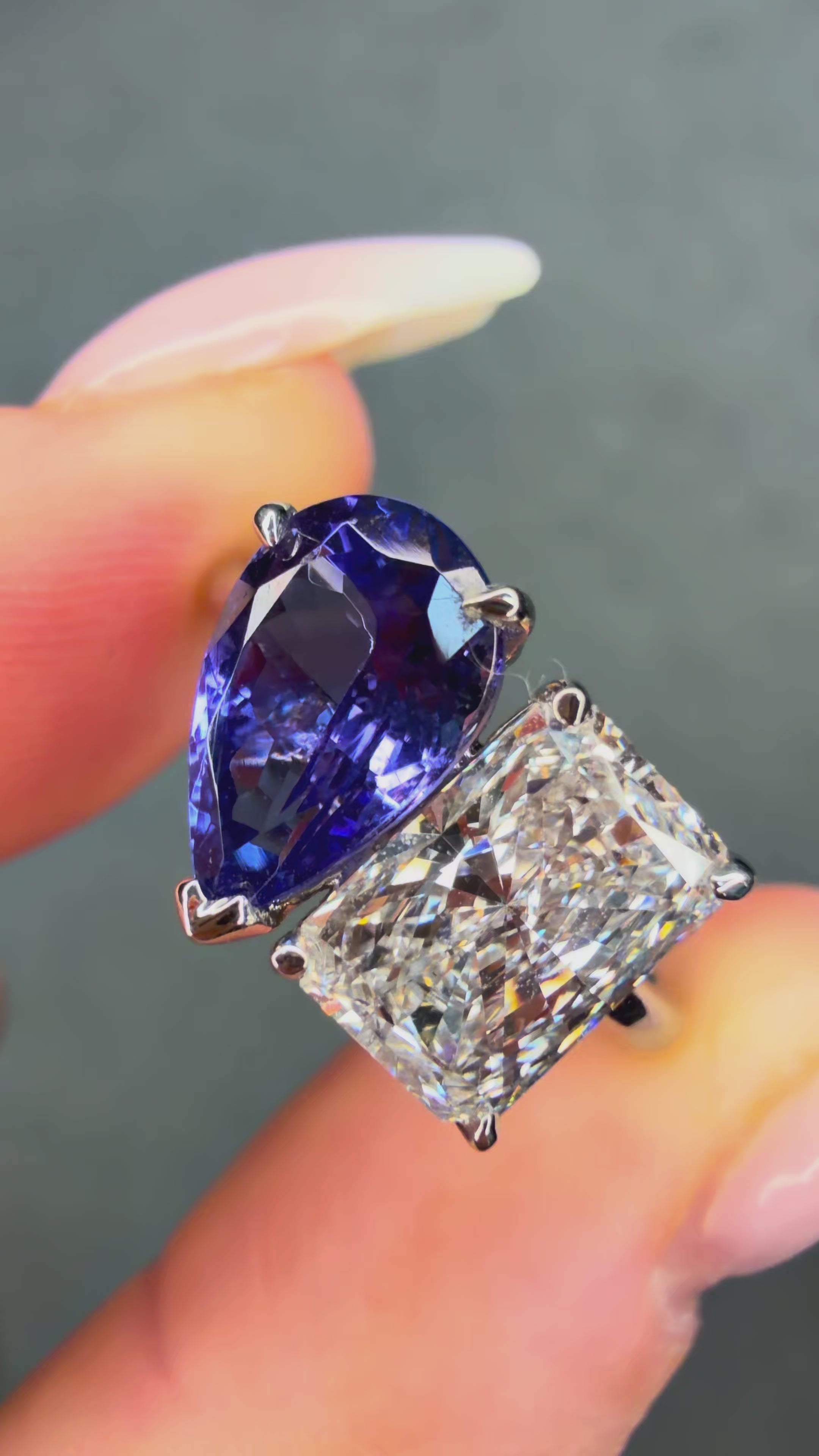 Platinum 'Toi Et Moi' Natural Tanzanite & Lab Radiant 3.8Ct Diamond Ring
