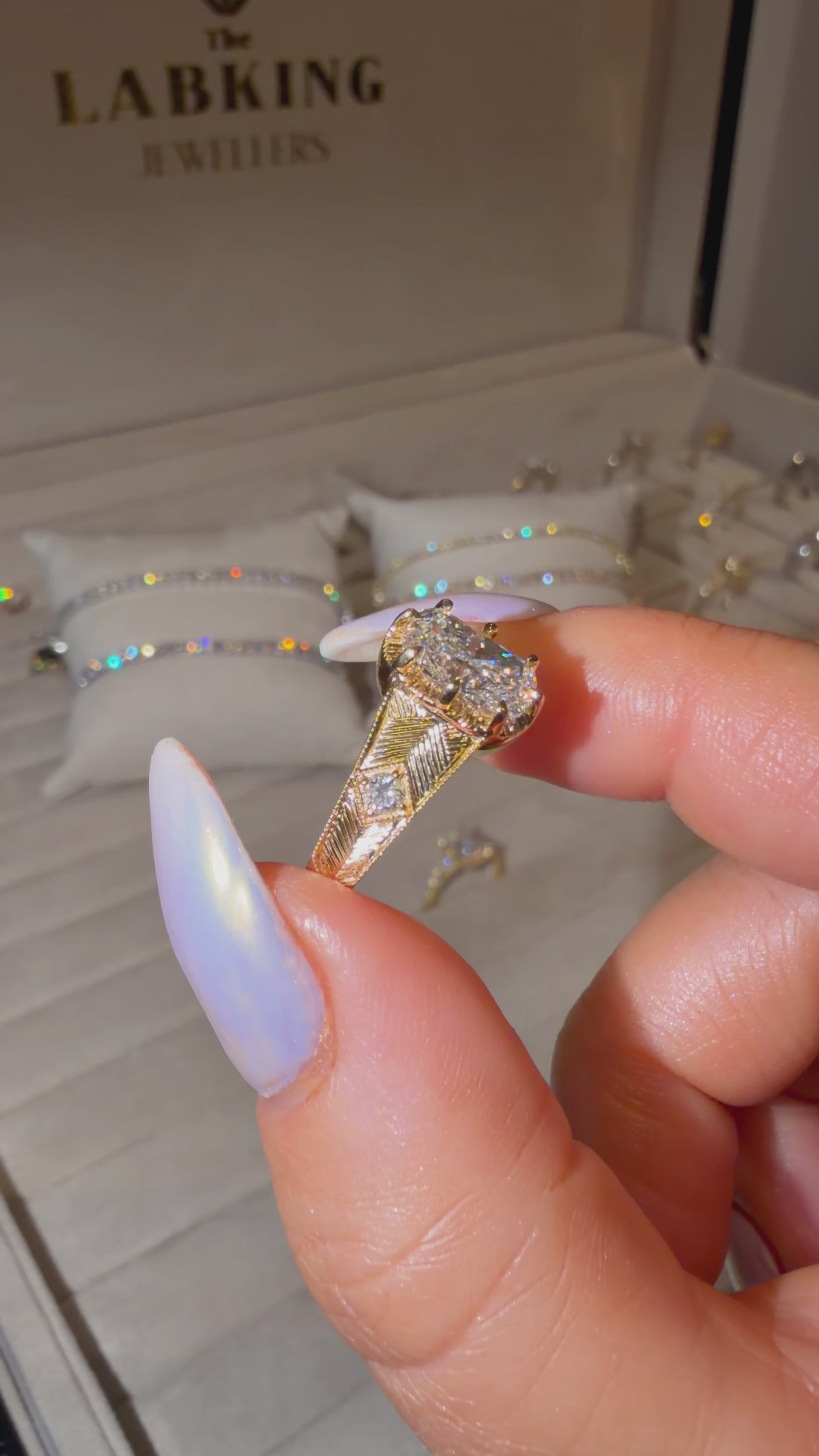 18K Chunky Hand-Engraved Elongated Cushion Lab Diamond Ring