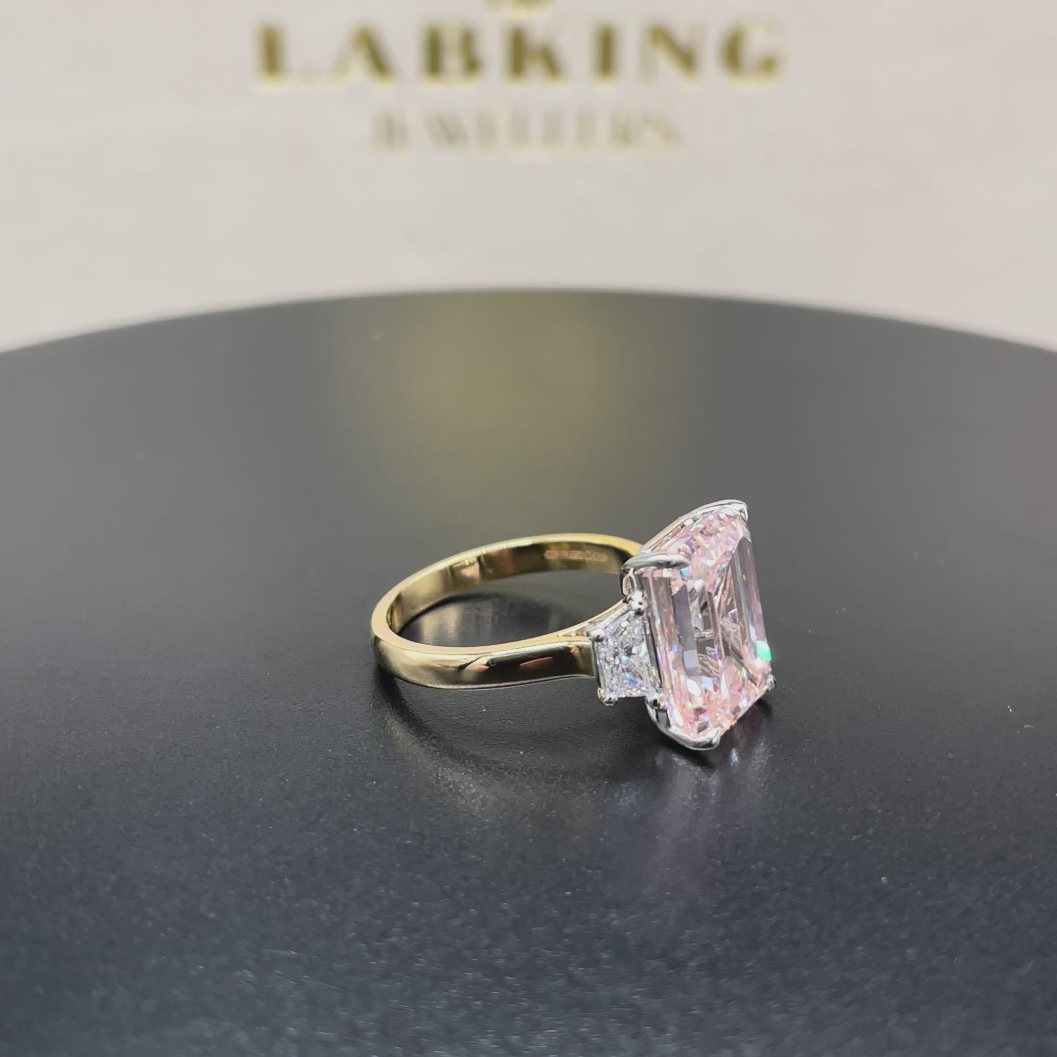 Fancy Pink Eclipse 8.0Ct Lab Grown Diamond 18k Yellow Gold Trilogy Ring